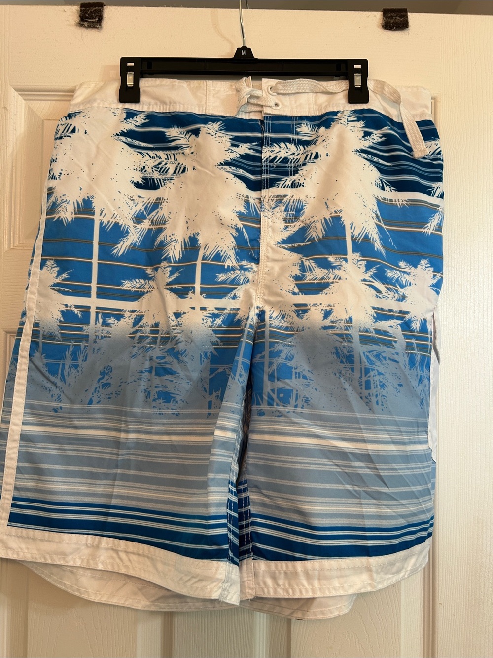 Men's White & Blue Palm-Print Swim Board Shorts